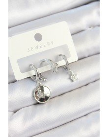 Pirinç Zirkon Taşlı Sallantılı Yıldız Model Gümüş Renk 3'lü Çift Kadın Küpe Set