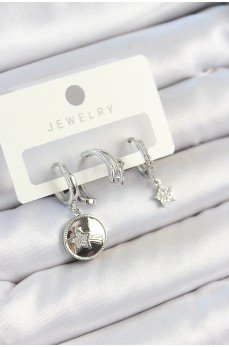 Pirinç Zirkon Taşlı Sallantılı Yıldız Model Gümüş Renk 3'lü Çift Kadın Küpe Set