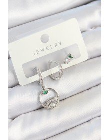 Pirinç Zirkon Taşlı Göz Ve Baykuş Model Gümüş Renk 3'lü Çift Kadın Küpe Set