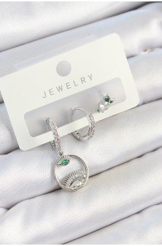 Pirinç Zirkon Taşlı Göz Ve Baykuş Model Gümüş Renk 3'lü Çift Kadın Küpe Set