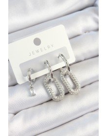 Pirinç Zirkon Taşlı Dikdörtgen Model Gümüş Renk 3'lü Çift Kadın Küpe Set