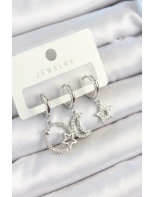 Pirinç Zirkon Taşlı Ay Ve Yıldız Model Gümüş Renk 3'lü Çift Kadın Küpe Set