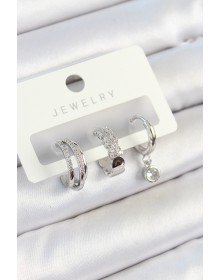 Pirinç Zirkon Taşlı Halka Model Gümüş Renk 3'lü Çift Kadın Küpe Set