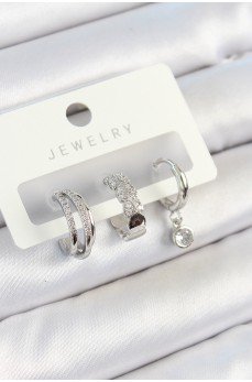 Pirinç Zirkon Taşlı Halka Model Gümüş Renk 3'lü Çift Kadın Küpe Set