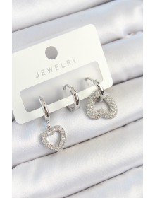 Pirinç Zirkon Taşlı Kalp Model Gümüş Renk 3'lü Çift Kadın Küpe Set