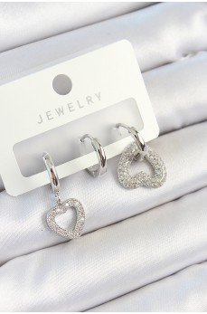 Pirinç Zirkon Taşlı Kalp Model Gümüş Renk 3'lü Çift Kadın Küpe Set