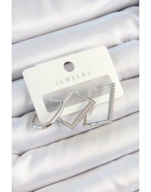 Pirinç Zirkon Taşlı Dikdörtgen Model Gümüş Renk 3'lü Çift Kadın Küpe Set
