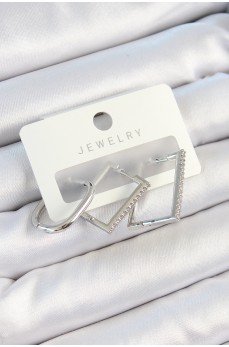 Pirinç Zirkon Taşlı Dikdörtgen Model Gümüş Renk 3'lü Çift Kadın Küpe Set