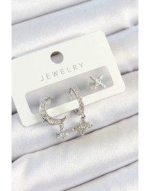 Pirinç Zirkon Taşlı Çiçek Ve Ay Model Gümüş Renk 3'lü Çift Kadın Küpe Set