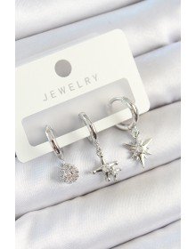 Pirinç Zirkon Taşlı Kutup Yıldızı Model Gümüş Renk 3'lü Çift Kadın Küpe Set