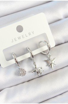 Pirinç Zirkon Taşlı Kutup Yıldızı Model Gümüş Renk 3'lü Çift Kadın Küpe Set