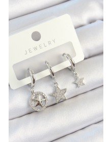 Pirinç Zirkon Taşlı Yıldız Model Gümüş Renk 3'lü Çift Kadın Küpe Set