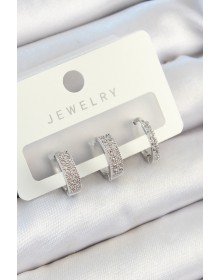 Pirinç Zirkon Taşlı Halka Model Gümüş Renk 3'lü Çift Kadın Küpe Set