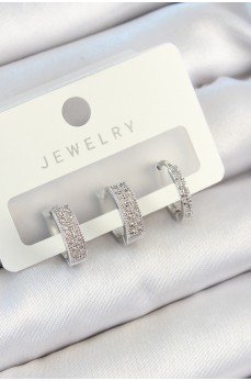 Pirinç Zirkon Taşlı Halka Model Gümüş Renk 3'lü Çift Kadın Küpe Set