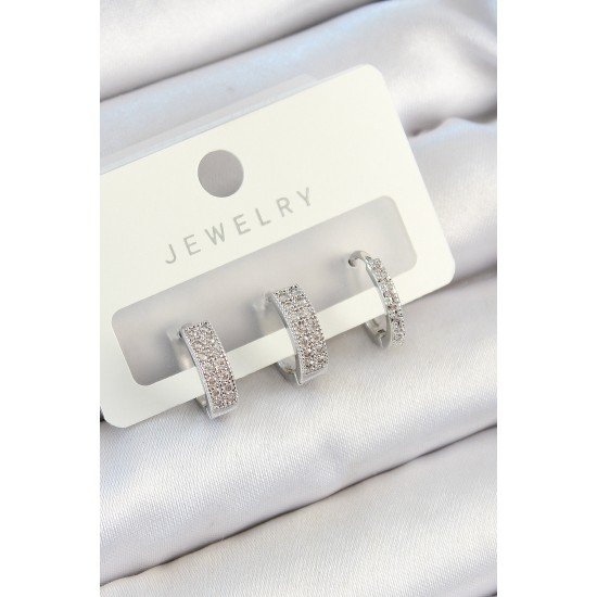 Pirinç Zirkon Taşlı Halka Model Gümüş Renk 3'lü Çift Kadın Küpe Set