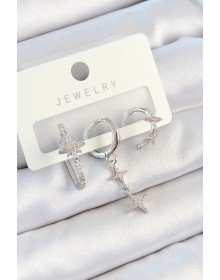 Pirinç Zirkon Taşlı Kelebek Ve Sallantılı Yıldız Model Gümüş Renk 3'lü Çift Kadın Küpe Set
