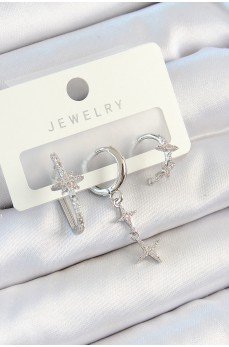 Pirinç Zirkon Taşlı Kelebek Ve Sallantılı Yıldız Model Gümüş Renk 3'lü Çift Kadın Küpe Set Pirinç Zirkon Taşlı Kelebek Ve Sallantılı Yıldız Model Gümüş Renk 3'lü Çift Kadın Küpe Set
