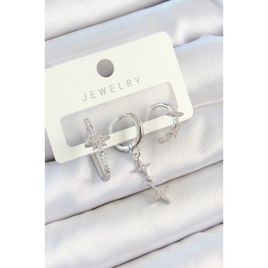 Pirinç Zirkon Taşlı Kelebek Ve Sallantılı Yıldız Model Gümüş Renk 3'lü Çift Kadın Küpe Set