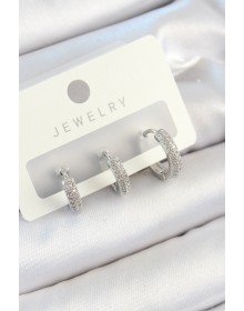 Pirinç Zirkon Taşlı Halka Model Gümüş Renk 3'lü Çift Kadın Küpe Set