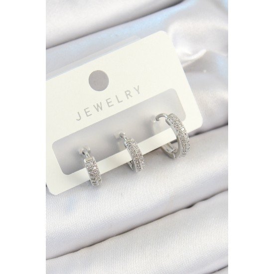 Pirinç Zirkon Taşlı Halka Model Gümüş Renk 3'lü Çift Kadın Küpe Set