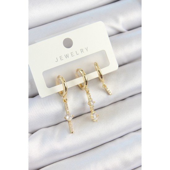 Pirinç Zirkon Taşlı Sallantılı Model Gold Renk 3'lü Çift Kadın Küpe Set