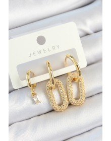 Pirinç Zirkon Taşlı Dikdörtgen Model Gold Renk 3'lü Çift Kadın Küpe Set
