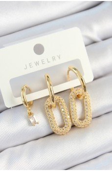 Pirinç Zirkon Taşlı Dikdörtgen Model Gold Renk 3'lü Çift Kadın Küpe Set