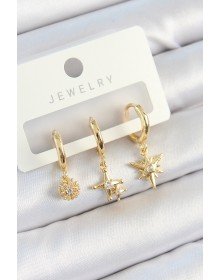 Pirinç Zirkon Taşlı Yıldız Model Gold Renk 3'lü Çift Kadın Küpe Set