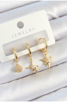 Pirinç Zirkon Taşlı Yıldız Model Gold Renk 3'lü Çift Kadın Küpe Set