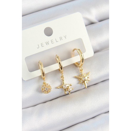 Pirinç Zirkon Taşlı Yıldız Model Gold Renk 3'lü Çift Kadın Küpe Set