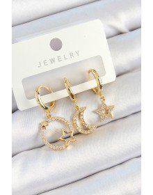 Pirinç Zirkon Taşlı Yıldız Ve Ay Model Gold Renk 3'lü Kadın Küpe Set