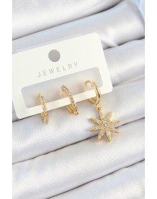 Pirinç Zirkon Taşlı Kutup Yıldızı Model Gold Renk 3'lü Çift Kadın Küpe Set
