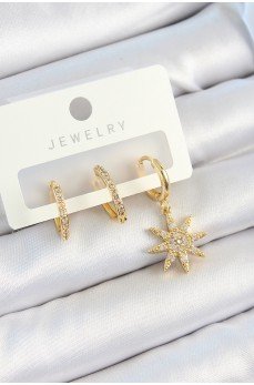 Pirinç Zirkon Taşlı Kutup Yıldızı Model Gold Renk 3'lü Çift Kadın Küpe Set