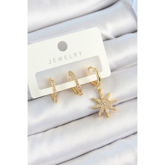 Pirinç Zirkon Taşlı Kutup Yıldızı Model Gold Renk 3'lü Çift Kadın Küpe Set Pirinç Zirkon Taşlı Kutup Yıldızı Model Gold Renk 3'lü Çift Kadın Küpe Set