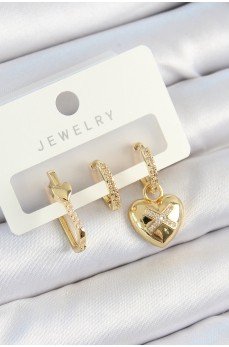 Pirinç Zirkon Taşlı Kalp Model Gold Renk 3'lü Çift Kadın Küpe Set