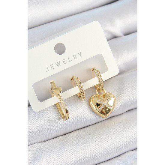 Pirinç Zirkon Taşlı Kalp Model Gold Renk 3'lü Çift Kadın Küpe Set Pirinç Zirkon Taşlı Kalp Model Gold Renk 3'lü Çift Kadın Küpe Set