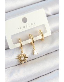 Pirinç Zirkon Taşlı Güneş Model Gold Renk 3'lü Çift Kadın Küpe Set