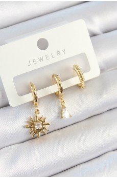 Pirinç Zirkon Taşlı Güneş Model Gold Renk 3'lü Çift Kadın Küpe Set