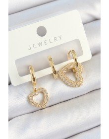 Pirinç Zirkon Taşlı Kalp Model Gold Renk 3'lü Çift Kadın Küpe Set