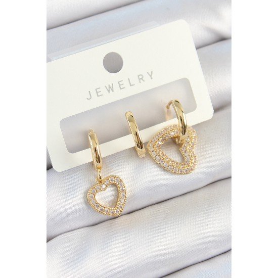 Pirinç Zirkon Taşlı Kalp Model Gold Renk 3'lü Çift Kadın Küpe Set Pirinç Zirkon Taşlı Kalp Model Gold Renk 3'lü Çift Kadın Küpe Set