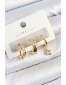 Pirinç Zirkon Taşlı Halka Model Gold Renk 3'lü Çift Kadın Küpe Set