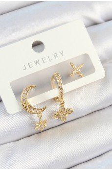 Pirinç Zirkon Taşlı Çiçek Ve Ay Model Gold Renk 3'lü Çift Kadın Küpe Set