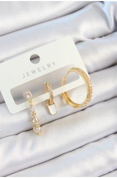Pirinç Zirkon Taşlı Sallantılı Model Gold Renk 3'lü Çift Kadın Küpe Set