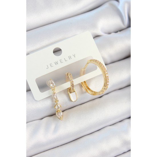 Pirinç Zirkon Taşlı Sallantılı Model Gold Renk 3'lü Çift Kadın Küpe Set Pirinç Zirkon Taşlı Sallantılı Model Gold Renk 3'lü Çift Kadın Küpe Set