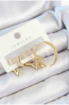 Pirinç Zirkon Taşlı Yıldız Ve Halka Model Gold Renk 3'lü Çift Kadın Küpe Set Pirinç Zirkon Taşlı Yıldız Ve Halka Model Gold Renk 3'lü Çift Kadın Küpe Set
