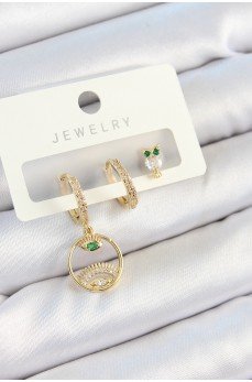 Pirinç Zirkon Taşlı Göz Ve Baykuş Model Gold Renk 3'lü Çift Kadın Küpe Set