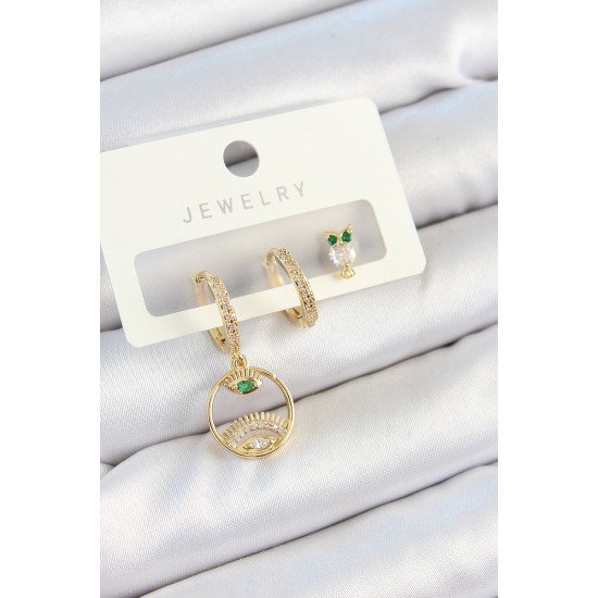 Pirinç Zirkon Taşlı Göz Ve Baykuş Model Gold Renk 3'lü Çift Kadın Küpe Set