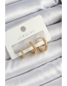Pirinç Zirkon Taşlı Halka Model Gold Renk 3'lü Çift Kadın Küpe Set