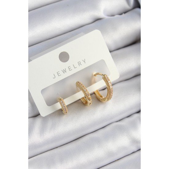 Pirinç Zirkon Taşlı Halka Model Gold Renk 3'lü Çift Kadın Küpe Set