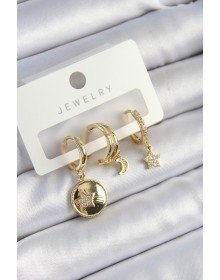 Pirinç Zirkon Taşlı Yıldız Ve Ay Model Gold Renk 3'lü Çift Kadın Küpe Set